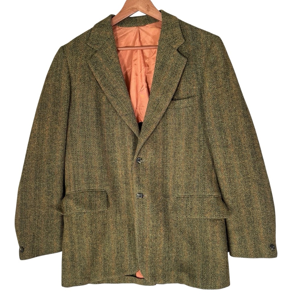 Vintage Harris Tweed Blazer Sport Coat Green Striped Grandpa Classic ~42 - Picture 1 of 6